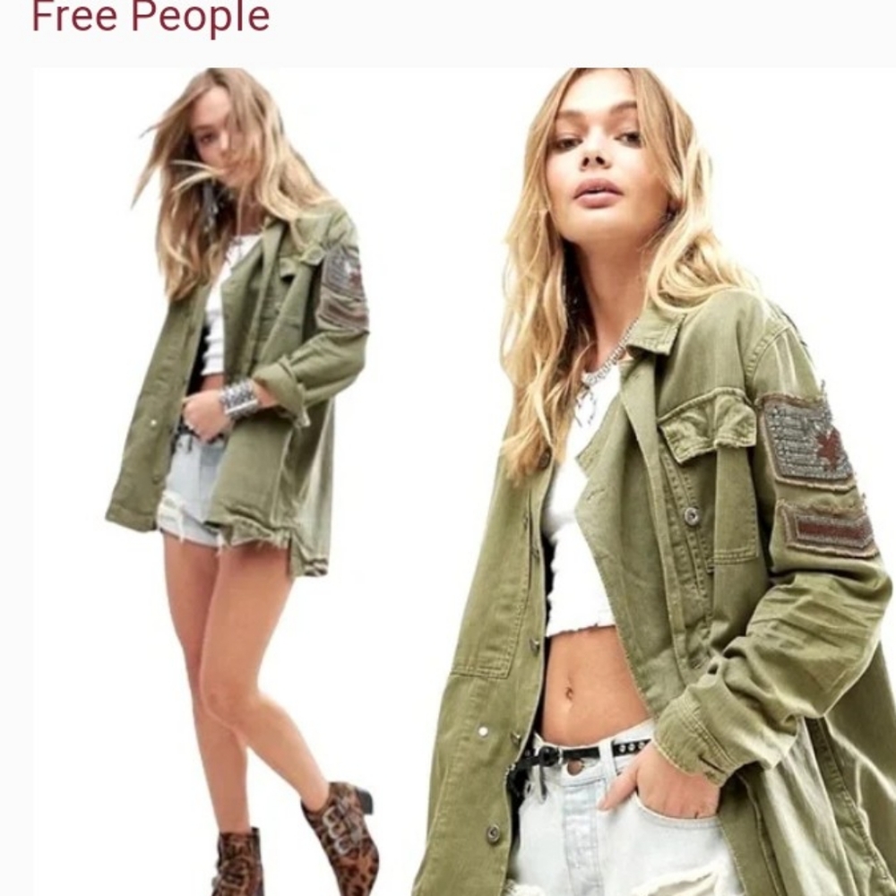 Free People Army Green Embellished Beaded Eagle Military Shirt Jacket  Small